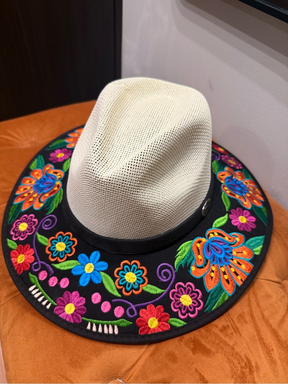 La Sierra Cream Straw Fedora with Black Brim and Multicolor Floral Embroidery